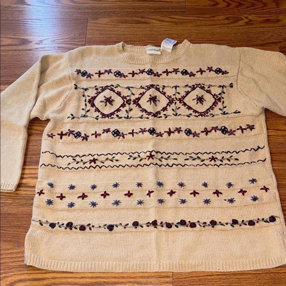 Vintage Bobbie Brooms‎ 90s Grandma Chic Embroidered Floral Beige Chunky Sweater